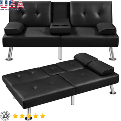 Convertible Sofa Bed Adjustable Couch Sleeper Faux Leather 3 Modes Cup Holders