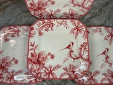Square Dinner Plates CHRISTMAS LANE 222 Fifth Red. Set Of 4 Porcelain. New.