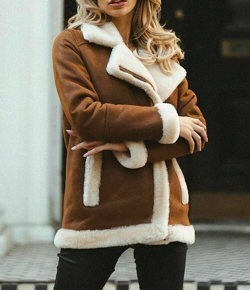 WOMENS WHITE SHEARLING AVIATOR BIKER 