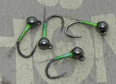 4ea. Green Mylar  jigged perdigons size #14. Excellent Euro Nymph.