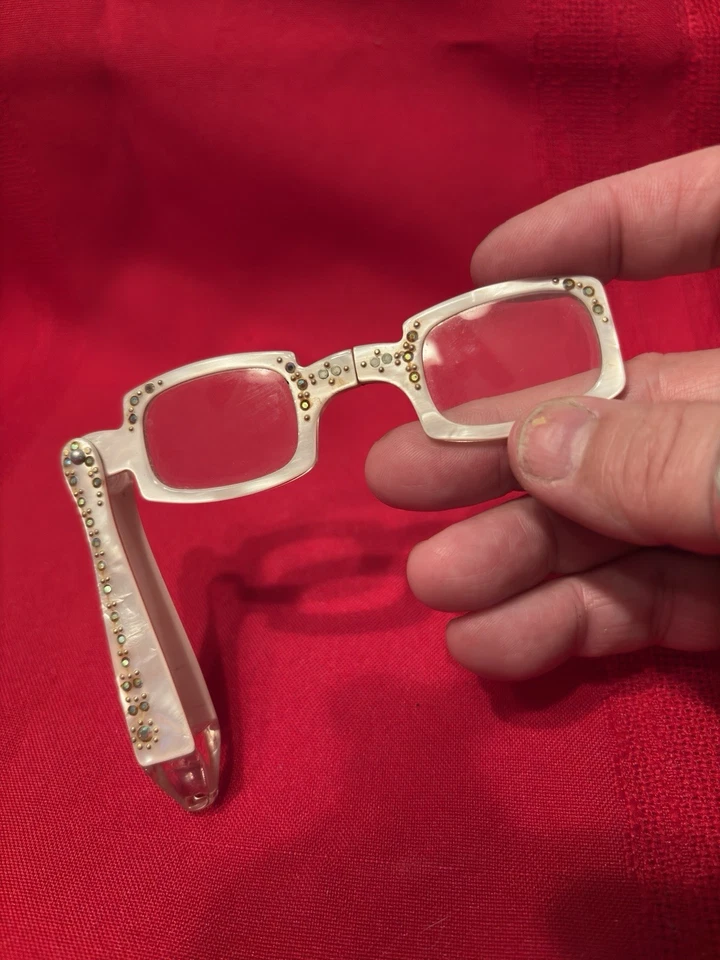Gafas de ópera Lorgnette vintage plegables lucite iridiscente estrás perla Foto 4 de 4