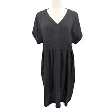 Linen Blend Babydoll Dress BRIGGS L black V Neck Midi summer