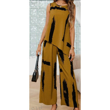 Women's Printed Round Neck Sleeveless Top And Long Pants Set