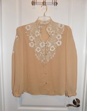 VTG 70s Cut-out Lace Embroidered Blouse Womens Sheer 8 S/M Beige LA JENARMI 80s