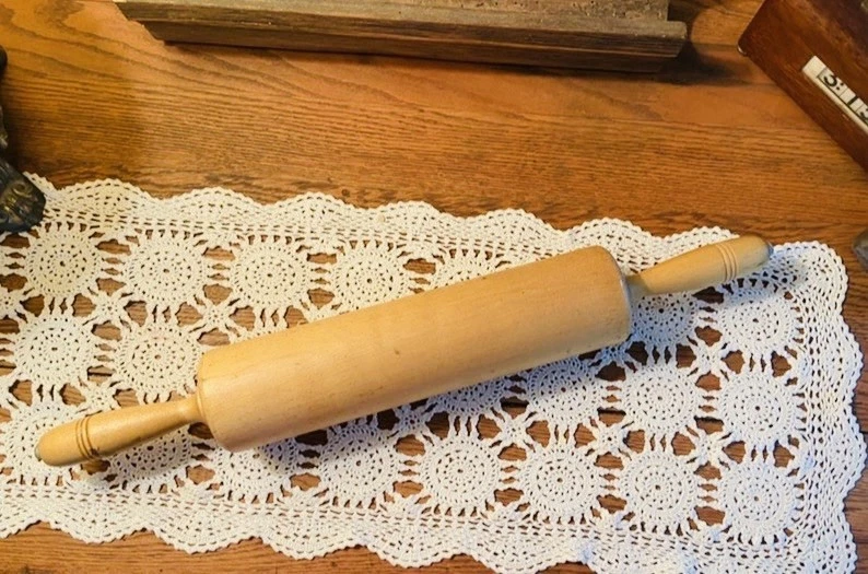 Vintage Large Wood Rolling Pin with Metal Ends Farmhouse Rustic Primitive