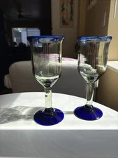 Beautiful Mexican Wine Green Tint With Cobalt Blue Rim & Base Blown Glass Used