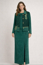 Vintage City Girl 3 Piece Skirt Suit Set Green Womens Size 8 USA 80s Embroidered
