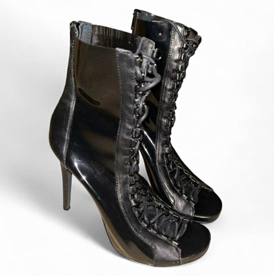 Steve Madden Women s Black Patent Leather Lace-Up Open Toe Ankle Bootie 8.5