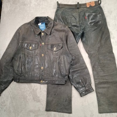 Levi s Lederjacke & Hose Herren XL schwarz selten Patina Trucker Set Western