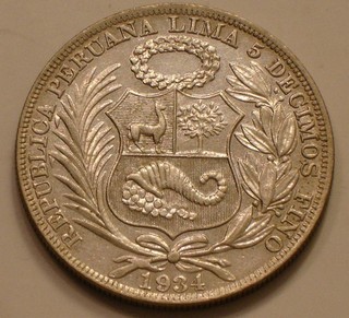1934 SILVER One Sol of Peru .4018 oz ASW