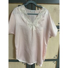Val Mode Lingerie Vintage Pink Satin Lace V-Neck Sleep Top Nightgown Made in USA