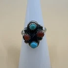 Vintage Native American 925 Sterling Silver Turquoise & Coral Ring / Size 4.75