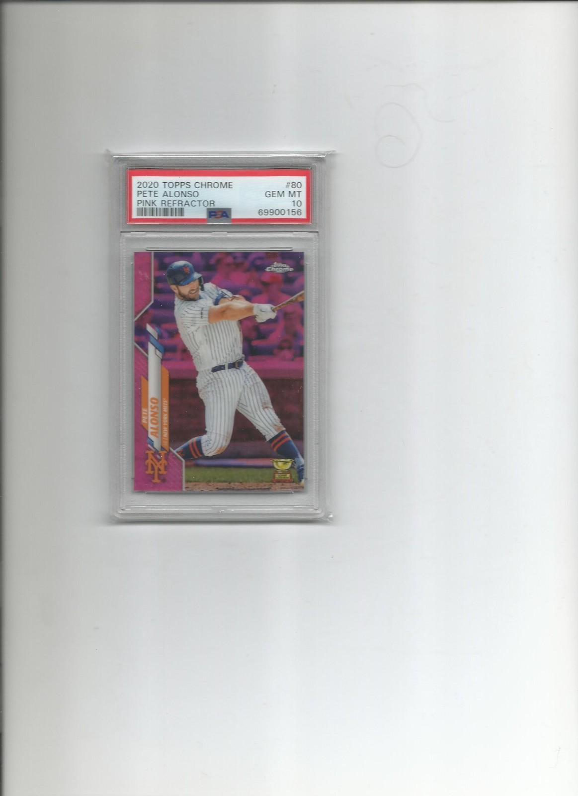 2020 TOPPS CHROME, PINK REFRACTOR, PETE ALONSO, # 80, ROOKIE CUP, PSA 10, GEM-MT