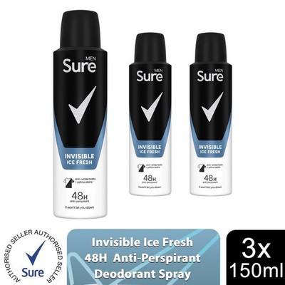 Sure Men Anti Transpirant 48H Protection Invisible Ice Deodorant, 3er Pack, 150ml