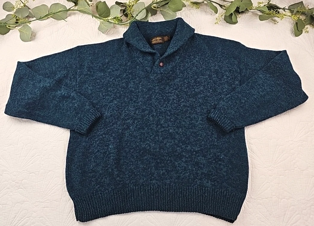 VTG Eddie Bauer Men's Teal Blue Wool Collared Sweater Size XL USA Made