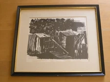 Vintage Signed Numbered 10/16 Lino Print Titled Alley Matted Framed Under Glass 