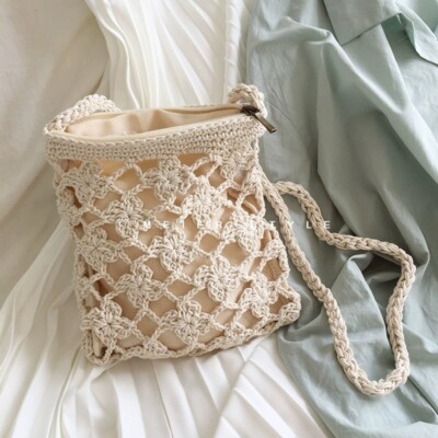Vintage hand-woven cotton thread hollow small square bag crossbody bag