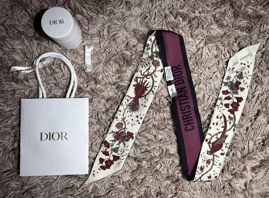 Foulard Dior Mitzah   Imprimé Oiseau Floral, 100% Soie Made in France, 5,5x105 cm