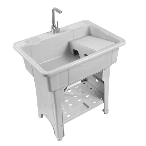 Freestanding Plastic Laundry Sink Set Grey Washing Tool With Faucet Households - Picture 11 of 14