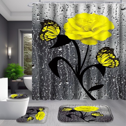 Romantic Yellow Rose Bathroom Set - Waterproof Shower Curtain & Rugs Included - Picture 7 of 8