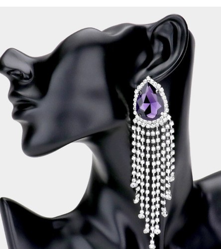 4.75” Purple Silver Long Rhinestone Crystal Pageant Tear Drop Dangle Earrings