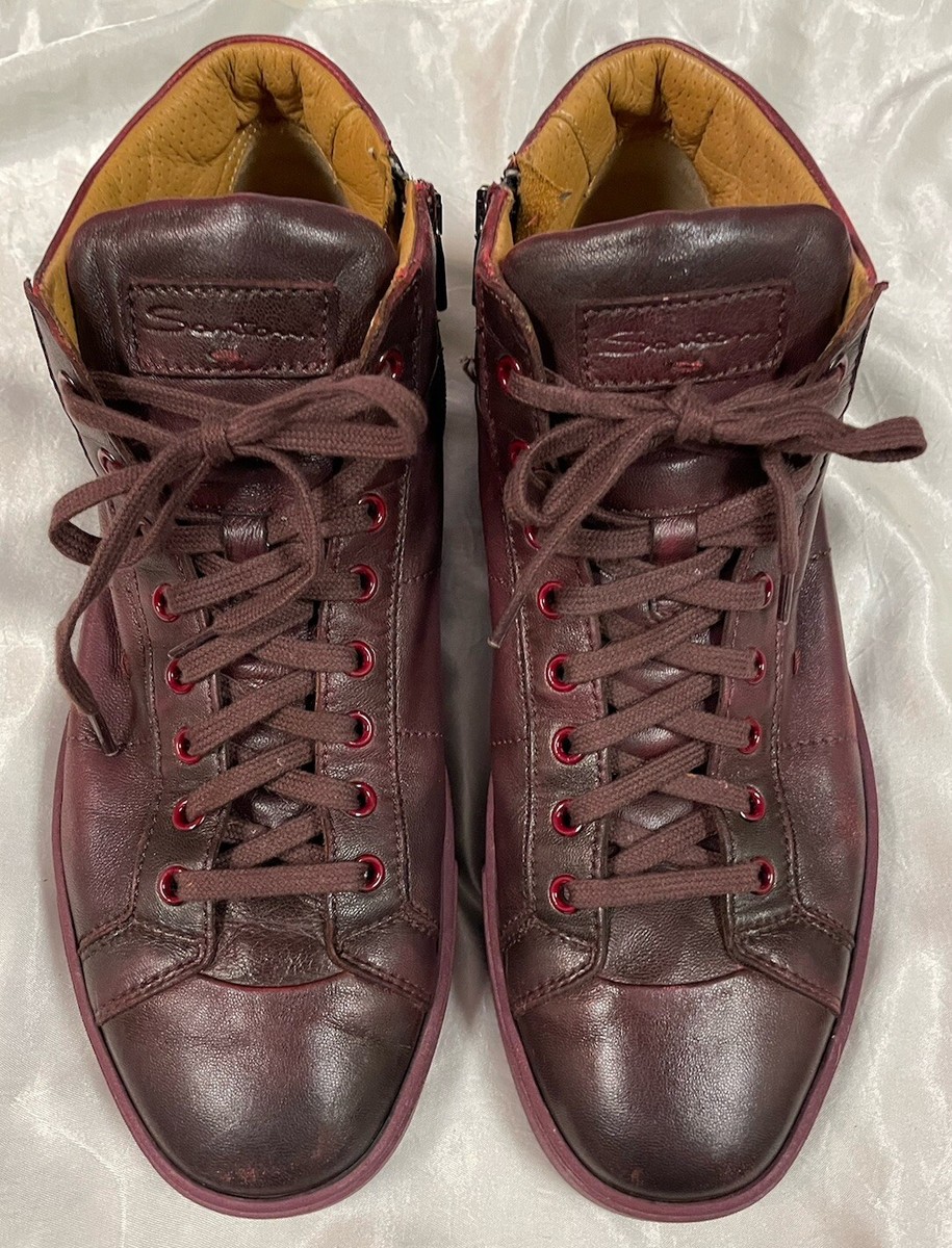 SANTONI Mens Supersoft Leather Mid-Top Side Zip Ox Blood Sneakers