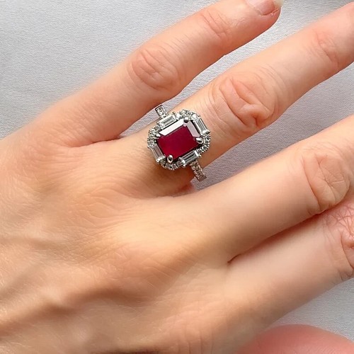 3.80 Ct Natural Ruby & Diamond Anniversary Ring 14K Real White Gold Size 4.5 - Picture 3 of 9