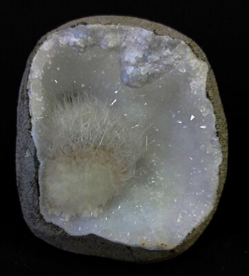 Scolecite Blow Spery on MM Quartz in geode formation mineral specimen