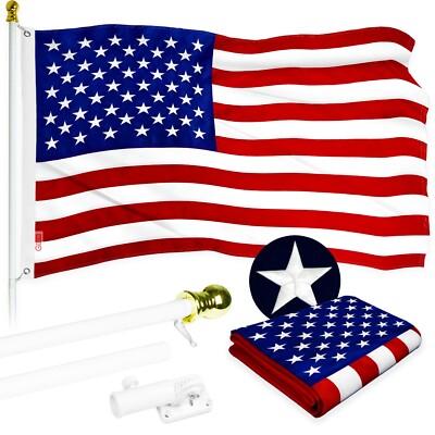 NEW G128 USA Flag & Flagpole Set, 5FT White Pole and 2x3 FT Emb BG Flag