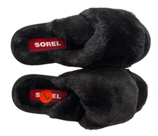 Sorel Slippers sz 7 NEW Black Lounge Cozy Fuzzy Fur Fluffy Slip On Go Mail Run