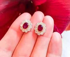 2Ct Oval Cut Halo Lab Created Red Ruby Stud Earrings 14k Yellow Gold Plated