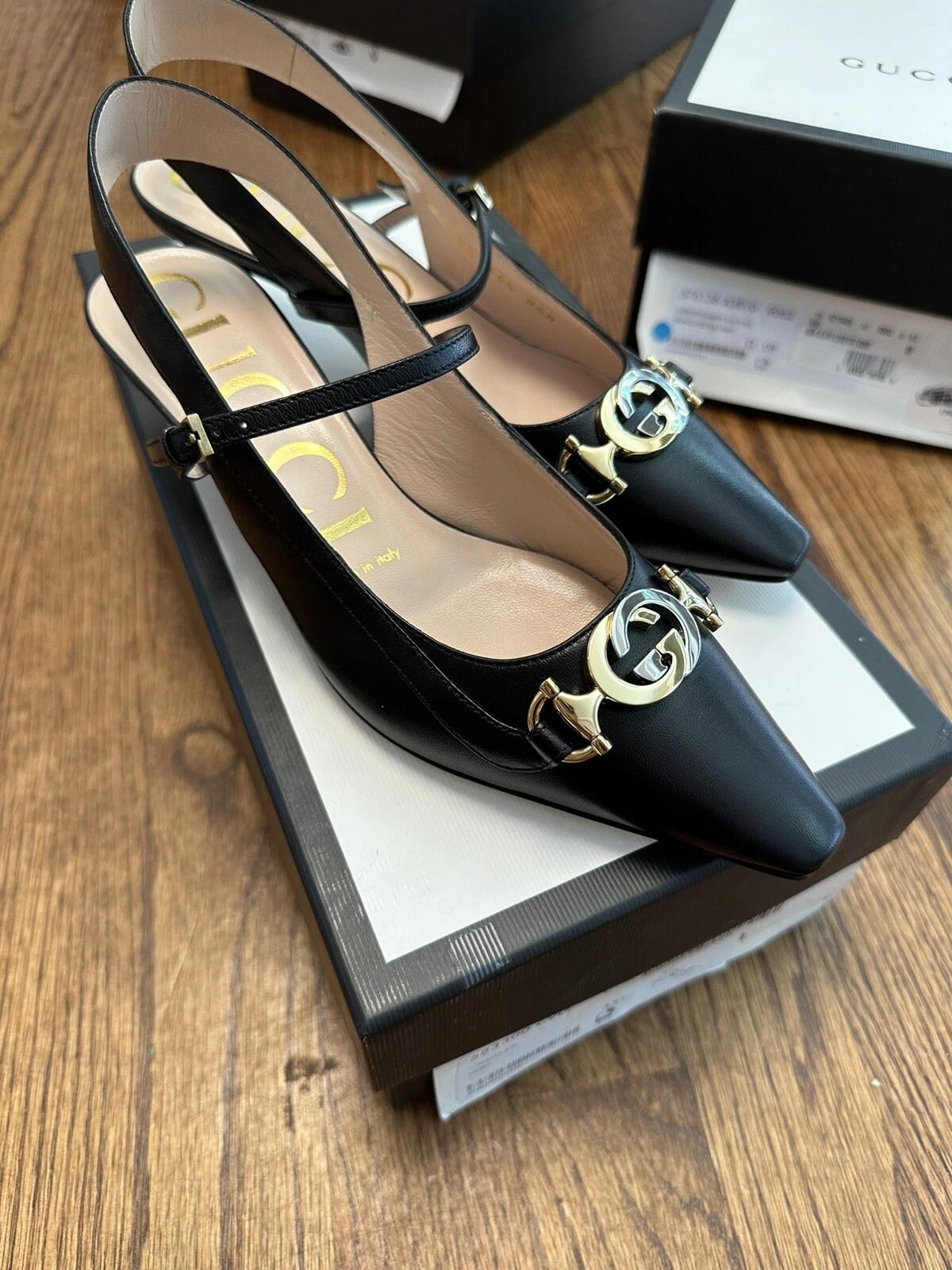 GUCCI SHOES ZUMI LOGO PLAQUE HORSEBIT CUIR NOIR ÉCHARPE 35,5/5,5 US