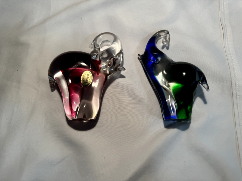Murano Italy Art Glass Elephants - set of two - Blue and Red