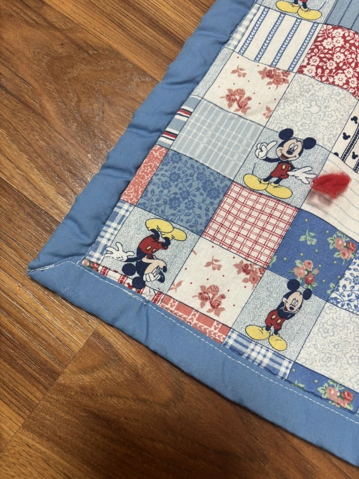 Vintage Handmade Patchwork Quilt Baby Blanket Disney Mickey Mouse Blue 48”x39” - Image 3 of 4