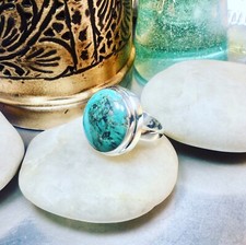 Genuine 925 Sterling Silver Large Round Turquoise Gemstone Ring Size 10.75