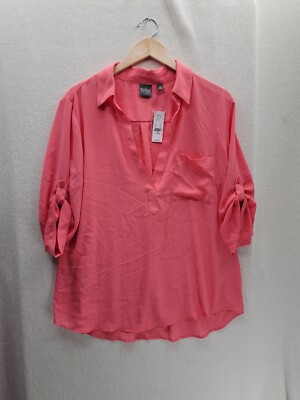 NWT NY&C Soho Coral Pink Roll Tab Sleeves Button Blouse Size- XL