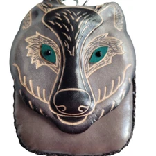 Wolf Leather Wristlet Wallet Coin Purse Zip Close Charm Pouch Handmade Genuine