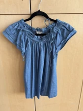 LOFT Chambray Blouse Sz XSP Smock Pleated Neck SS Sleeves Top Flowy Boho
