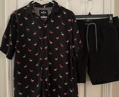 Mens HOLLISTER Button Down Shirt Flamingos & Black MBX Shorts Lot Of 2 SZ Medium