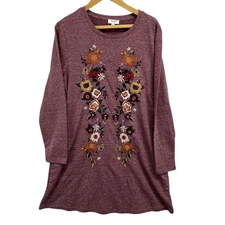Umgee Embroidered Floral Mini Dress Tunic Berry Medium Long Sleeve Heather Berry