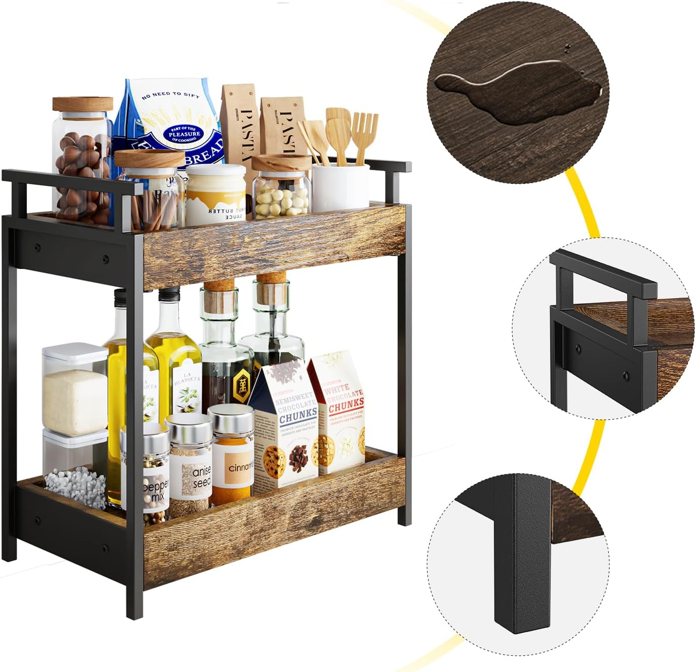 2 Tier Wooden Coffee Bar Organizer with Condiment Shelf