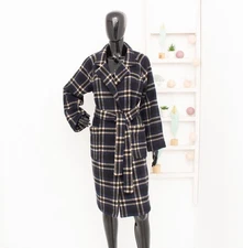 Ganni State St Check Wool Coat Blue Black Beige Plaid Belted Tweed Winter XS