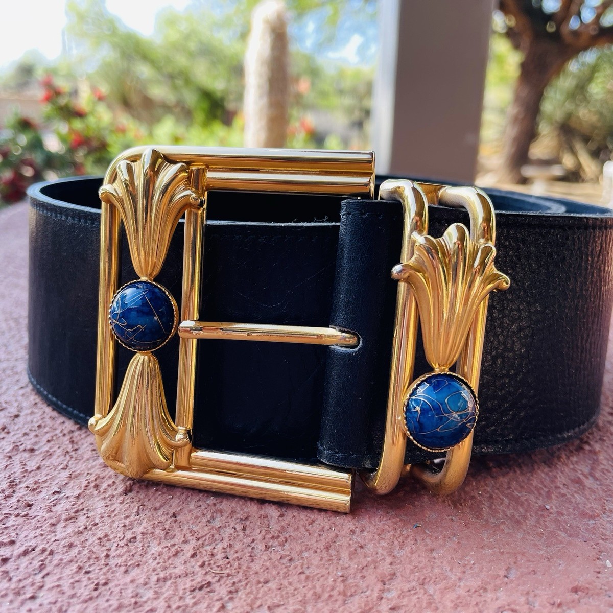 Vintage Navy Wide Belt with Gold Buckle women’s Prolriy Belts for Women, Women Stretchy Belt for Dresses  main image 3
