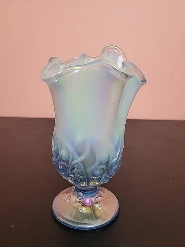 Fenton Glass  LILY OF THE VALLEY Opalescent to blue Handkerchief Vase 7"