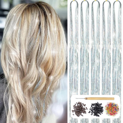 Hair Tinsel Kit with Tools 48 Inch 1200 Strands Silver Tinsel Hair Extensions Fa
