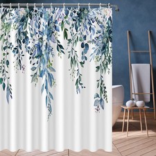 Long Blue Eucalyptus Leaves Shower Curtains 72x78 Inch, Waterproof Fabric Sty...