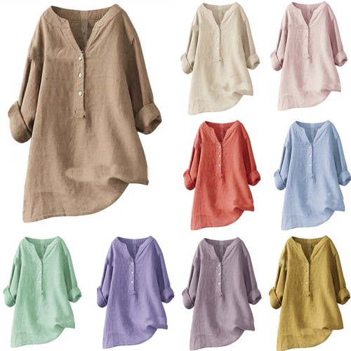 US Women Long Sleeve Button T-Shirts Tops Ladies V Neck Casual Blouse Plus Size