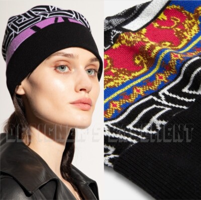 VERSACE Medusa Renaissance Greca Pattern Logo Intarsia wool Beanie hat NWT Auth