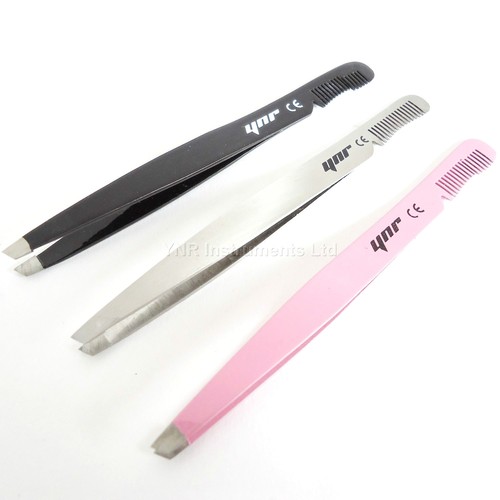 YNR EYEBROW TWEEZERS SLANTED TIP COMB PROFESSIONAL QUALITY STAINLESS STEEL NEW - Picture 1 of 11