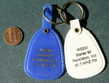 1970s Anderson Pendleton Indiana Stanley Auto Sales TWO keychain set WEEM Radio-
